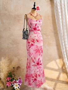 新款女士花卉数码印花垂褶领连衣裙，性感深V领收腰度假长裙 - 粉色 - 查看 4