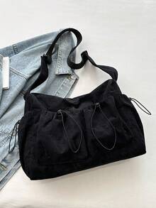 Unisex Corduroy Large Capacity Crossbody Bag, Multi-Pocket Drawstring Strap Shoulder Bag, College Style Suitable For University Students - Black - View 2