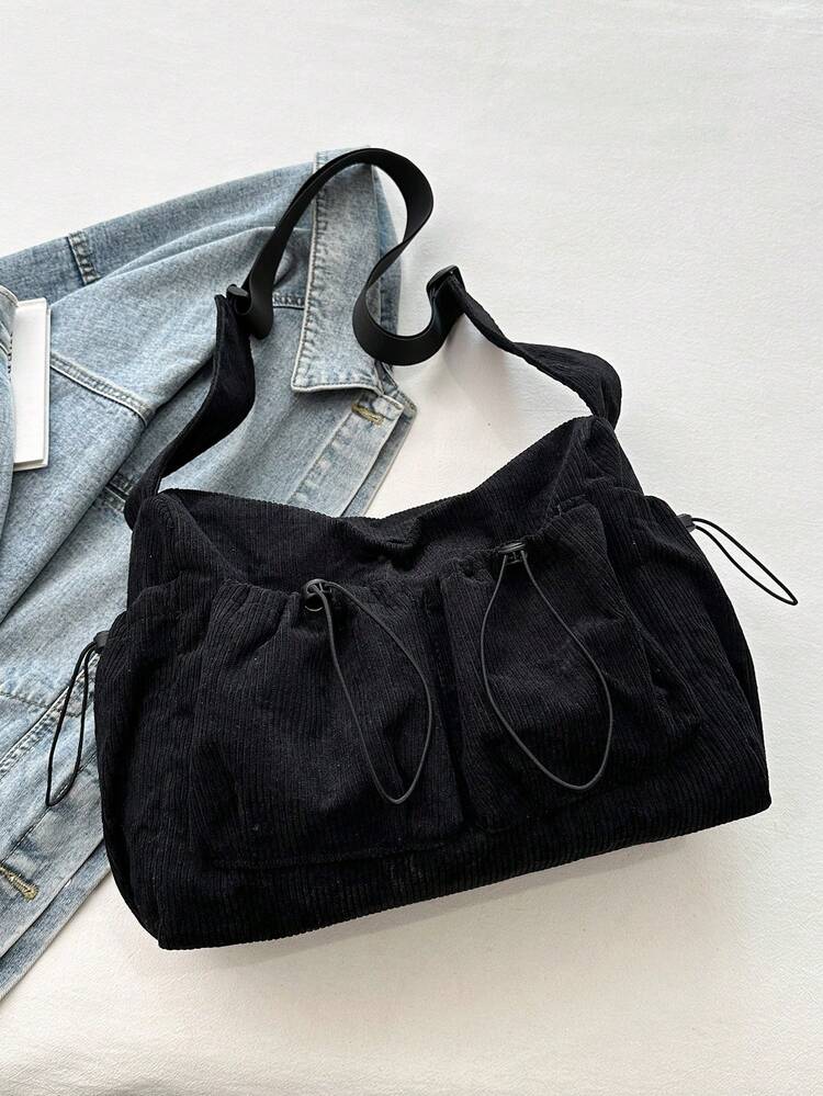Túi đeo chéo unisex bằng vải nhung kẻ, dung tích lớn, nhiều ngăn, dây rút, kiểu dáng sinh viên, phù hợp cho sinh viên đại học. - màu đen - Xem 2