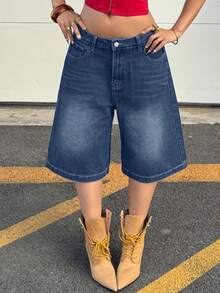 Y2K Vintage Washed Diagonal Pocket Cat Whisker Flare Bermuda Jeans, Knee-Length Denim Shorts, Casual Capri Pants Summer - Blue - View 7