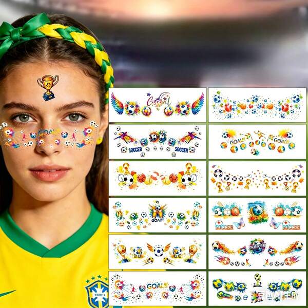 12 pièces d'autocollants de tatouage thème football, avec des éléments de football de dessin animé intéressants. Ces faux tatouages temporaires ressemblant à du maquillage peuvent être appliqués sur le corps, les bras et le visage. Convient aux fans de football, aux fêtes de football et lors des événements.