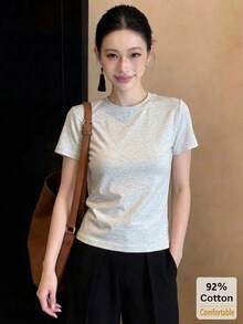 短袖T恤，百搭短袖T恤，女士短袖上衣，修身纯色打底衫，休闲夏季 - 灰色 - 查看 4