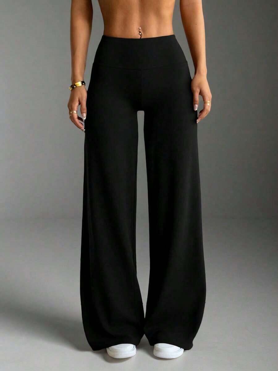 Pantalones acampanados ajustados de unicolor elegantes y modernos para el trabajo y el deporte para mujer, primavera - Negro 2 - Ver 1