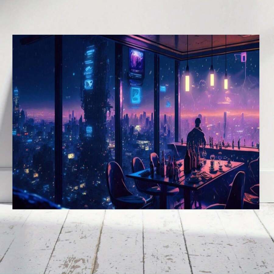 2D Plano, 1 Pieza Gran Póster de Arte Moderno de Paisaje Urbano Cyberpunk - Vista Nocturna Futurista con Luces de Neón, Impresión en Lienzo Horizontal Sin Marco, Adecuado para Sala, Dormitorio, Oficina - Decoración de Invierno/Primavera - Arte de Ventana con Lluvia de Neón de Ciencia Ficción - Enmarcado - Ver 1