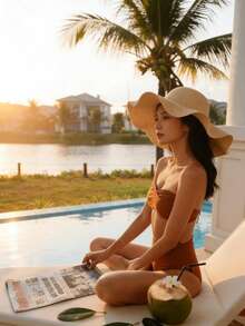 1pc Plus Size Women's Wavy Brim Straw Hat, Bohemian Style Sun Protection Beach Hat, Foldable Summer Travel Cap, Beige Casual Resort - A - View 2