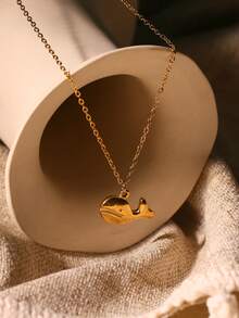 1件简约不锈钢金色鲸鱼吊坠项链，日常佩戴礼物，适合女性，海滩度假 - 金色 - 查看 4