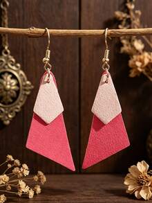 1 Pair Retro Soft Contrast Color Double-Layer Rhombus PU Leather Earrings, European And American Minimalist Contrast Color Earrings, Versatile Daily Wear - Pinkish White - View 6