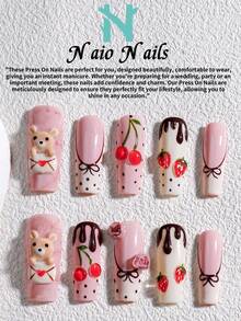 NAIO 10片/套 手工美甲贴片，三种尺寸可选：棺材形/杏仁形/短方形甲片，Y2K 酷炫风格，裸色、红色、白色、绿色，法式边饰，法式美甲搭配小动物、信封、樱桃和草莓3D立体浮雕图案，饰以蝴蝶结和波点，奶油质地，适合女性和女孩，可用于派对、日常佩戴，附赠工具包，是送给女士美甲爱好者的绝佳礼物。 - 彩色 - 查看 4