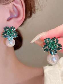 1 Pair Bling Crystal Snowflake Faux Pearl Drop Earrings, Exaggerated Luxury Bridal French Style, Versatile For Women, Autumn/Winter - màu xanh lá - Xem 2
