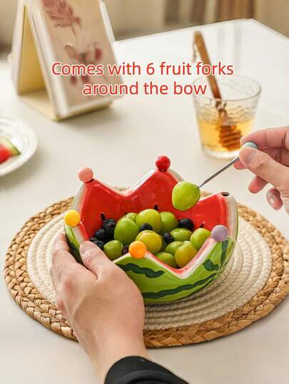 1pc Ceramic Creative Watermelon Fruit Plate With Fork, Home & Living Room Fruit Salad Bowl, Cute Stainless Steel Fork Set, Watermelon Bowl Fruit Fork Set, Home & Living Room Cute High-Quality Ceramic Fruit Plate Stainless Steel Dessert Fork Set