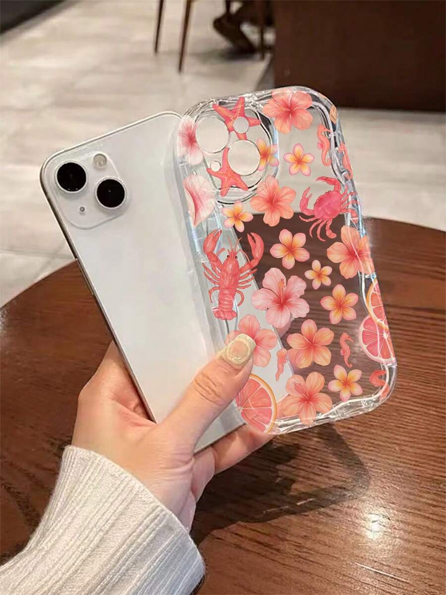 1 pièce Étui de téléphone transparent anti-chute à motif de crabe, de crevette et de lys, en matériau TPU, convient comme cadeau de vacances, compatible avec Apple iPhone Xs/Xs Max/Xr/11 12 13 14 15 16 Pro/Pro Max/14 15 16 Plus/17, unisexe - Multicolore - Voir 1