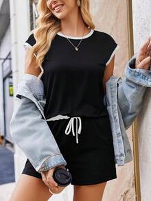 DOUCIU Two Pieces Sets For Women Summer Lounge Short Sets Cap Sleeve Crew Neck Sweatsuit With Pocket - Black - View 2