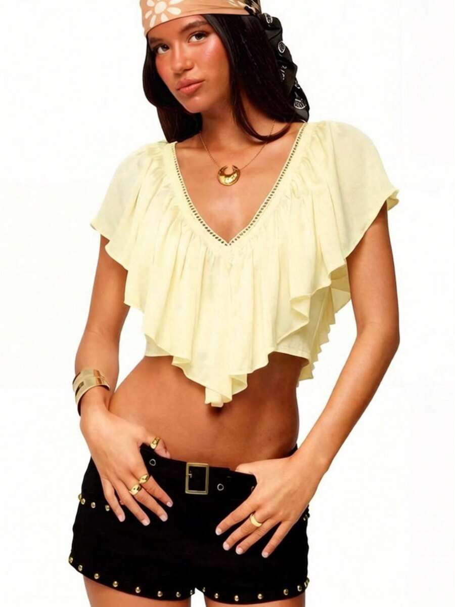 Women's Boho Ruffle Crop Top, V-Neck Lace Trim Flutter Sleeve Blouse With Open Tie Back, Casual Flowy Cropped Shirt For Summer Vacation - Màu vàng - Xem 1