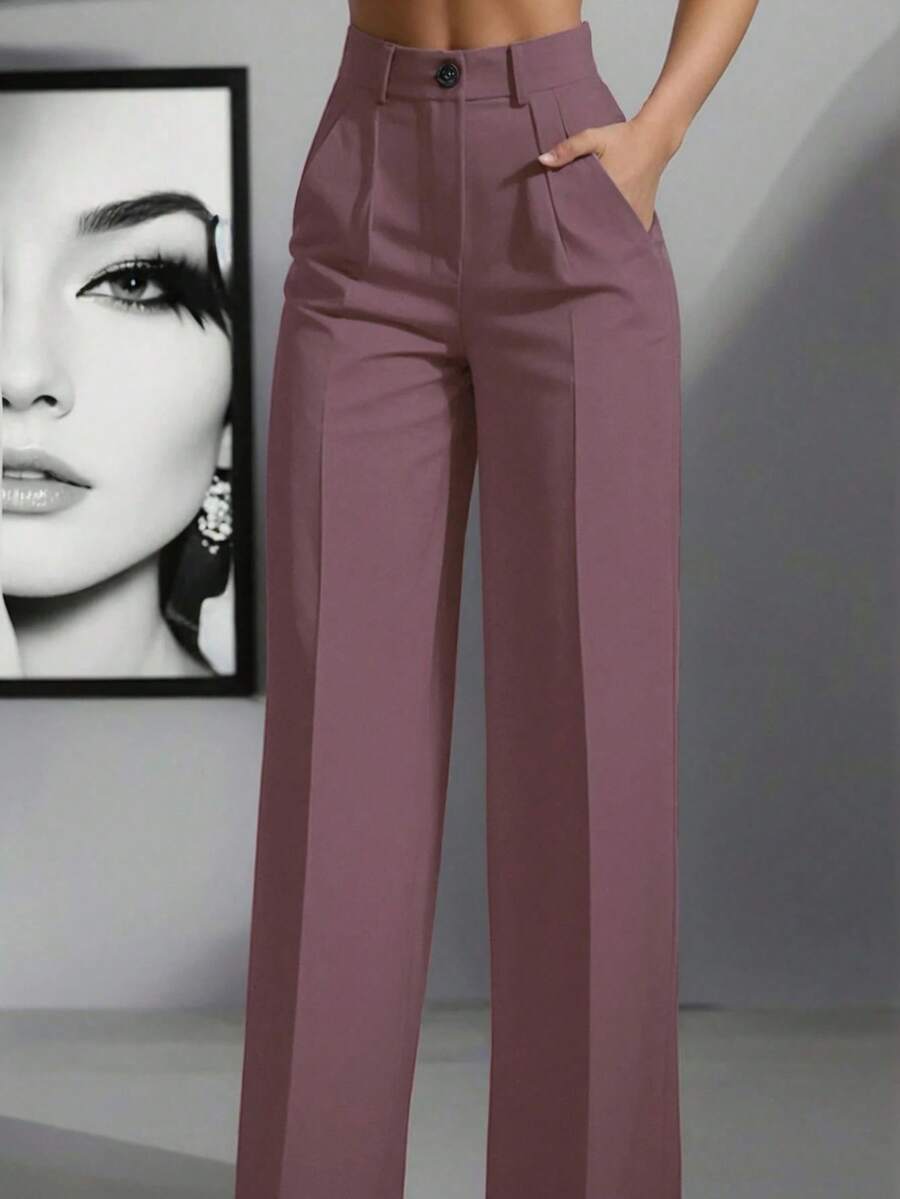 Pantalones holgados de cintura alta con pliegues, aptos para el trabajo y el uso casual, negro para primavera/verano - Morado - Ver 1