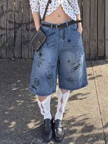 Summer American Retro Graffiti 7/8 Length Loose Fit High Waist Wide Leg Denim Shorts - Blue - View 6