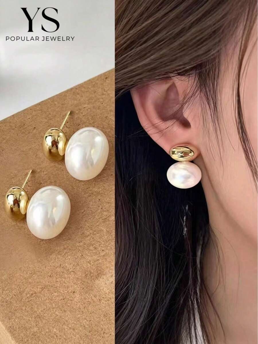 1 Pair Women's Everyday Wear Metal Style Gold Plated Faux Pearl Bead Stud Earrings