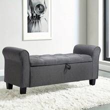 Linen Upholstered Bed End Bench Storage Ottoman Buttoned Hallway Window Seat - Dark Gray - View 10