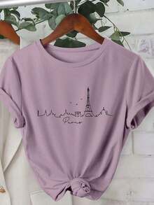 Women's T-Shirt With Paris Skyline Design, Paris Art Print, Round Neck, Short Sleeve, Casual Style, Paris Graphic T-Shirts For Women - 紫色 2 - 查看 11