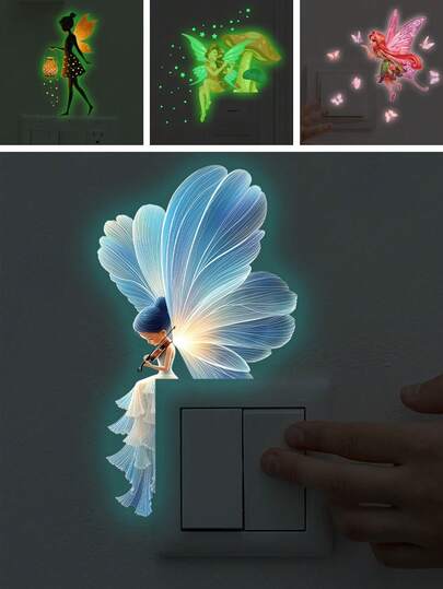 BRUP 1PC Glow In The Dark Whimsical Fairy Night Light Sticker, Blue Glow Violinist Serenading, Cottagecor Self-Adhesive Decal For Bedroom Living Room Nursery , Removable Peel And Stick, Music Festival Theme Art