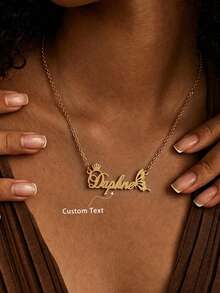 Personalized Luxurious Sexy Crown Butterfly Versatile Letter/Name Cutout Gold Necklace, Gift For Friends, Family, Lover, Birthday, Holiday, Anniversary, Suitable For Vacation And Party - Matte Gold - View 3