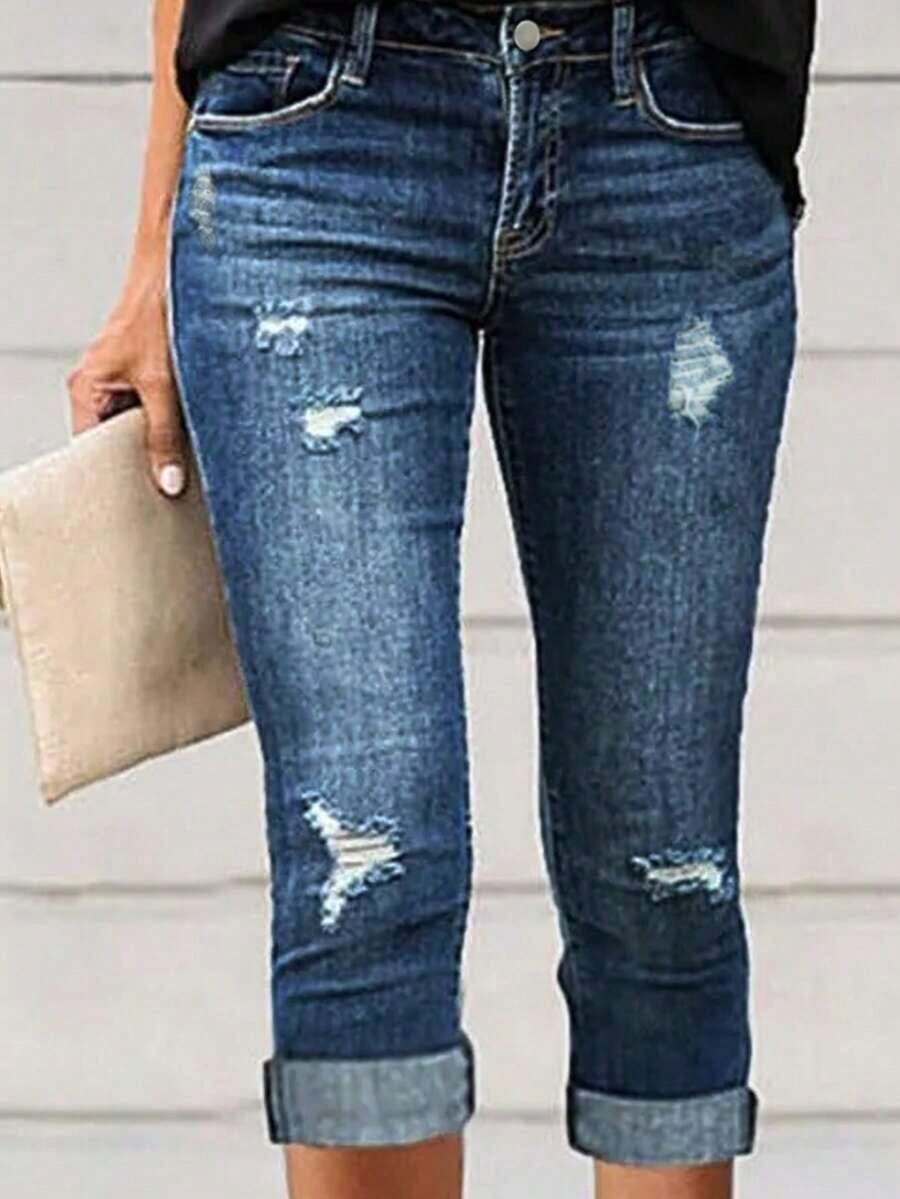 Women's Elegant Commuter Cuffed Distressed Capri Jeans, Autumn Casual Summer - Màu xanh lam - Xem 1