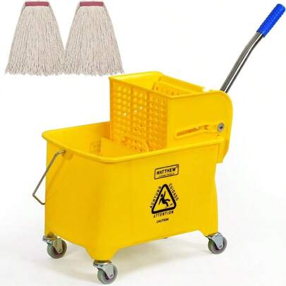 Matthew Cleaning Compact 22 Quart Mop Bucket, 2 Pack Mop Heads With Side Press Wringer On Wheels, Portable Floor Cleaning Ndem,