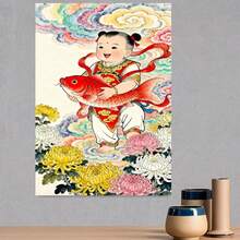 1 pieza, Pintura de Diamantes con Patrón Auspicioso Tradicional Chino 2D, Pintura Decorativa Festiva de Carpa Roja y Flores Coloridas, Decoración de Pared para Sala de Estar, Dormitorio, Entrada, Arte de Diamantes Hecho a Mano, Significa Riqueza y Buena Suerte, Decoración Moderna y Fácil para el Hogar - Enmarcado - Ver 3