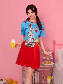 Noctvar OBM Sleepwear X LOONEY TUNES 崔弟愛心印花撞色短袖睡裙，女士寬鬆透氣羅紋棉質睡衣 - 彩色 - 查看 7