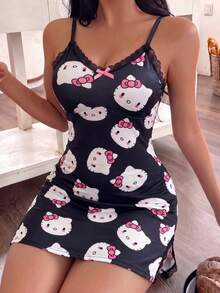SANRIO 1件 KT 猫咪蝴蝶结蕾丝拼接侧开衩性感休闲可爱牛奶丝面料女士睡裙 - 黑色 - 查看 4