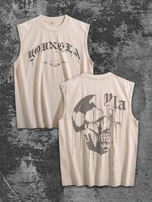1PC Y2K Sleevelss Tops Men | Summer Men's Street Style Vintage Graphic Tee | YLA Skull Drip Design Print | Niche Fashion Men's Clothing Y2k Clothing | Unisex - Apricot - View 1