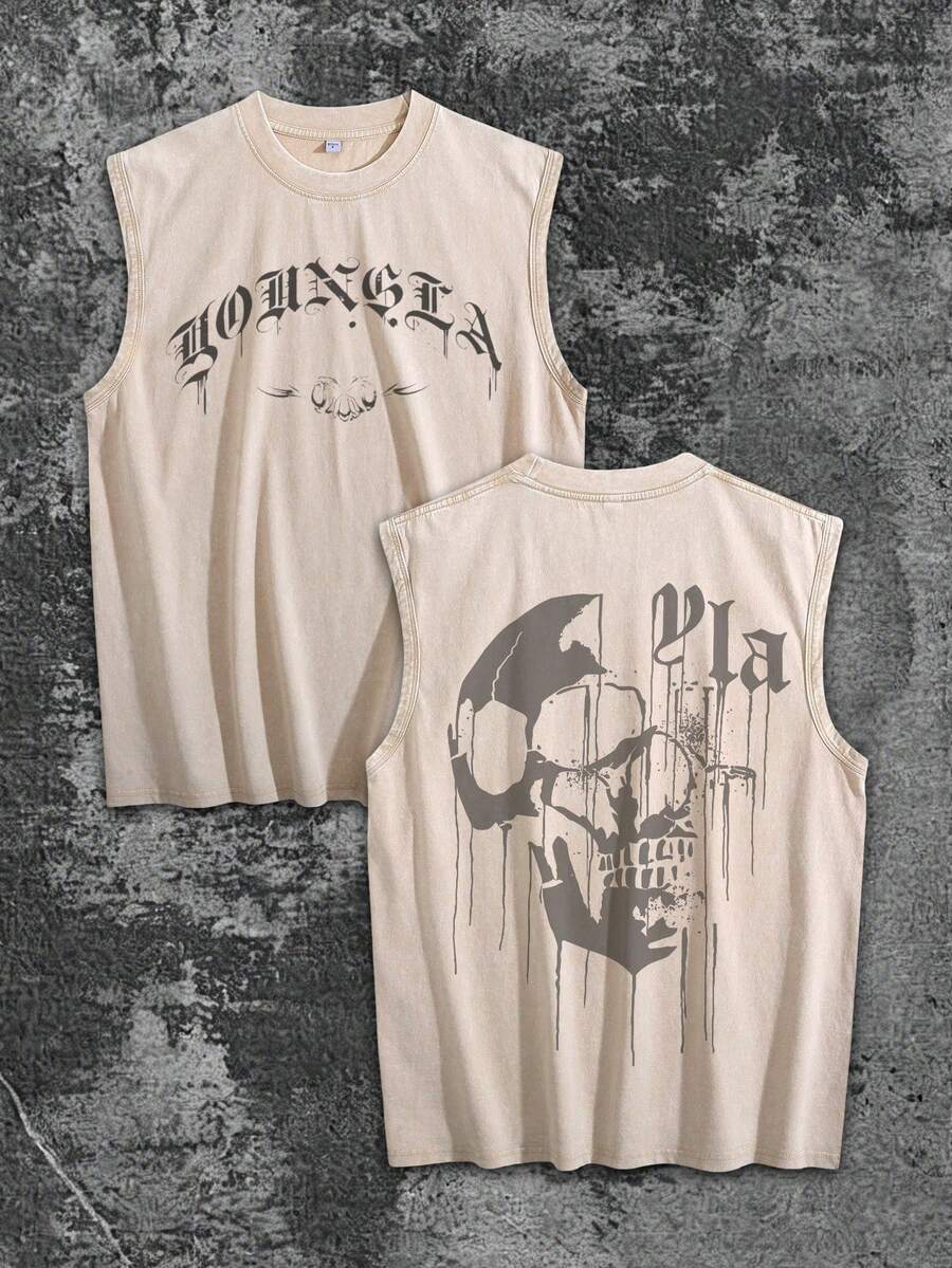 1PC Y2K Sleevelss Tops Men | Summer Men's Street Style Vintage Graphic Tee | YLA Skull Drip Design Print | Niche Fashion Men's Clothing Y2k Clothing | Unisex - Apricot - View 1