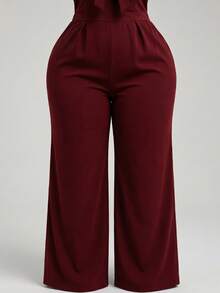 Wide Leg Plus Size Jumpsuit With Neckline - Đỏ sẫm - Xem 6