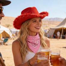 Adjustable Chin Strap Cowboy Hats Cowgirl Hat With Scarf For Women Girls Cowboy Costume Theme Party - 紅色毛邊 - 查看 3