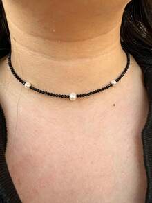 黑色刻面珠子搭配珍珠项链 | 守护与优雅 | 女士珠宝 | 精致水晶项链 - 黑色 - 查看 7