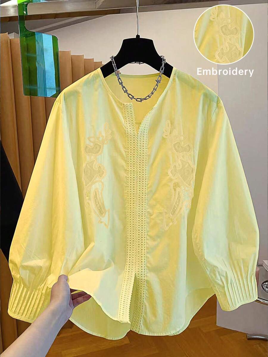 春夏女款白色休閒寬鬆長袖百褶袖V領刺繡蕾絲門襟蕾絲飾邊襯衫上衣 黃色 - 黃色 - 查看 1