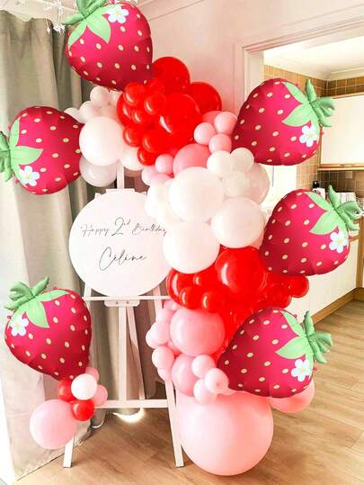 5pcs Strawberry Aluminum Foil Balloons, Fruit Foil Polyester Membrane Balloons, Suitable For Christening, Strawberry Themed Parties, Birthday Decorations, Gender Reveal, Fruit Themed Parties