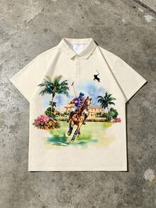 夏季新款街头风，时尚百搭男士纽扣Polo衫，正面饰有独特的Polo比赛风格艺术印花，短袖休闲运动上衣 - 彩色 - 查看 3