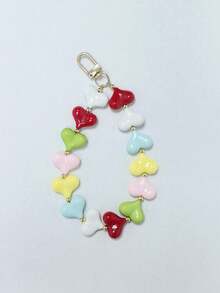 Colorful Short Acrylic Heart-Shaped Phone Lanyard, Valentine's Day Heart Bead Phone Strap Accessory - Multicolor - View 5