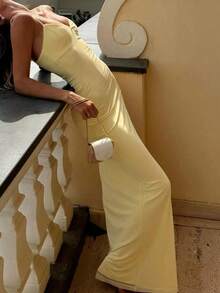 Vestido maxi de encaje y malla ajustado, elegante y romántico, para cita nocturna, Día de San Valentín, dulce, de color amarillo mantequilla, para fiesta, primavera y verano - Café integral - Ver 7