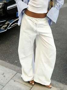 Women's White Wide Leg Pants, Elastic Waist Drawstring, Loose Relaxed Fit, Lightweight Breathable Casual Trousers, Summer Spring - 米白色 - 查看 7