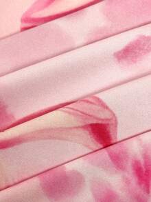 新款女士花卉数码印花垂褶领连衣裙，性感深V领收腰度假长裙 - 粉色 - 查看 7