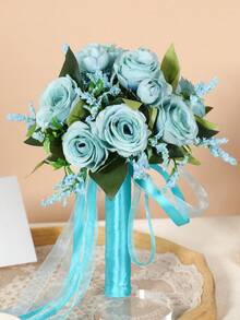 Artificial White Rose Bridal Wedding Bouquet, Lace Bow & Rhinestone Decor, Proposal Gift, Toss Bouquet - Multicolor - View 16