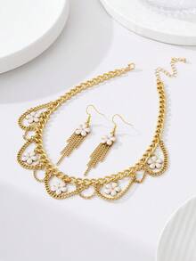 3pcs Vintage Romantic Teardrop Clover Tassel Necklace & Earrings Jewelry Set, Elegant Gift For Women - White - View 2