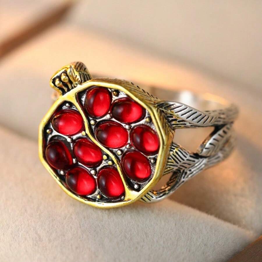 Bague vintage à motif de grenade rouge, bijou artistique bicolore, idéal pour les mariages, les fêtes et les cadeaux - Argent - Voir 1