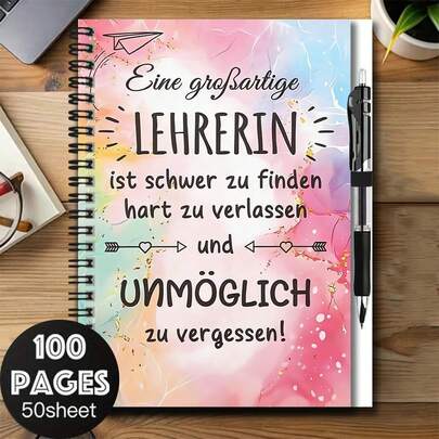 1 طقم دفتر ملاحظات حلزوني بطراز ألماني 100 صفحة مع قلم، مناسب كهدية تخرج أو عيد ميلاد لمعلمات متميزات، مناسب للعمل والدراسة والمدرسة والمفكرة اليومية، هدية قرطاسية