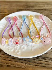 5pcs Girls Cute Versatile Cartoon Rabbit, Heart, Cherry Elastic Hair Ties, Hair Scrunchies - Multicolor - View 3