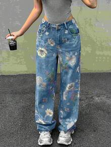 Y2K 90年代街头风高腰印花阔腿宽松牛仔裤，舒适水洗牛仔长裤，带口袋，适合户外活动、休闲度假和春季穿着。 - 藍色 - 查看 8
