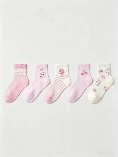 5 Pairs Cute Cartoon Rabbit, Cherry, Mushroom Pattern Girls' Mid-Calf Socks, Soft Cotton Ruffled Floral Pink Socks Suitable For Girls' Daily And School Wear