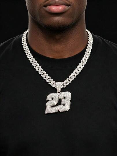 1pc #23 Pendant & 1pc 9mm Fully Iced Out Cuban Chain Necklace, Men's Hip Hop Numeric Pendant, Fashionable Retro Punk Jewelry, Suitable For Daily Wear Or Party, 2 Chain Options