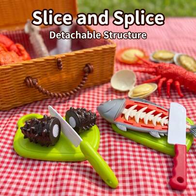 Kids Realistic Kitchen Toy Set, Educational Toy To Identify Foods, Disassemble And Assemble, Let Kids Learn Food Structure, Includes Seafood Platter With Lobster, King Crab, Tuna, Abalone, Squid, Sea Cucumber Models, Optional Storage Basket, Great Gift For Boys And Girls